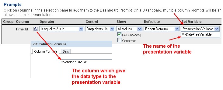 how to use presentation variable in column formula in obiee